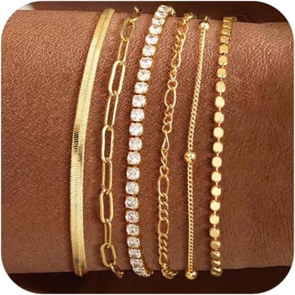 14K Real Gold Plated Tennis Beaded Figaro Herringbone Paperclip Link Bracelet
